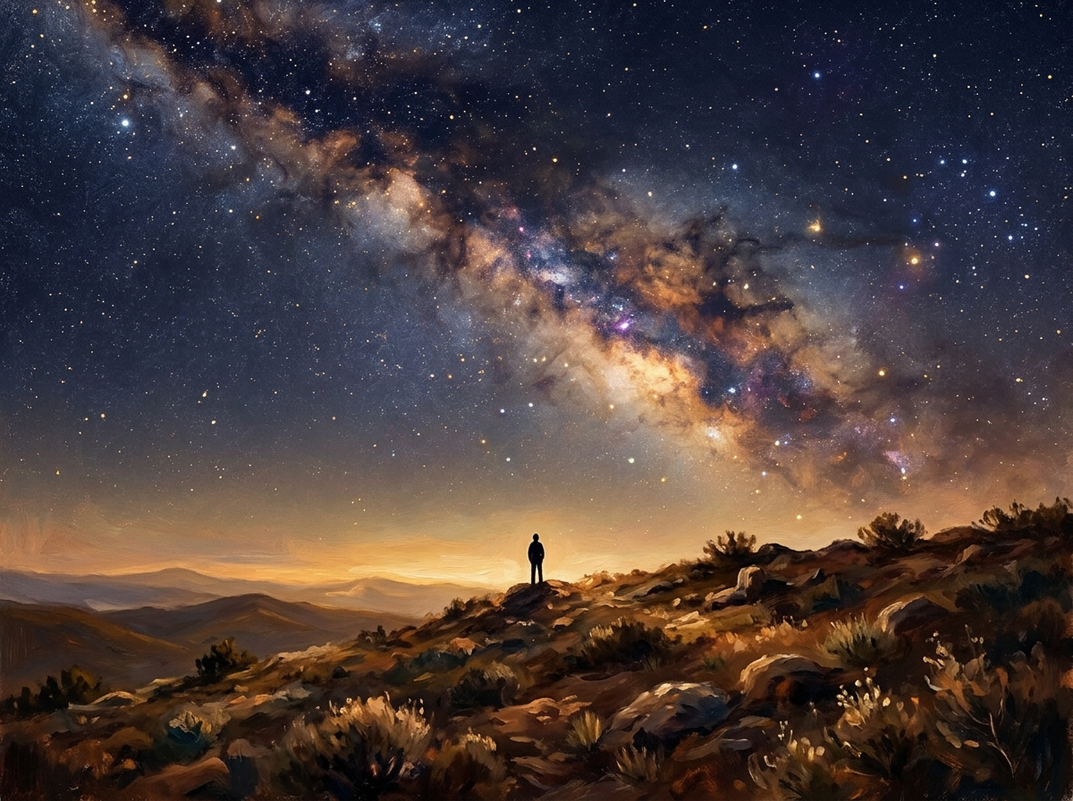 A person standing on a hilltop at night, looking up at the Milky Way