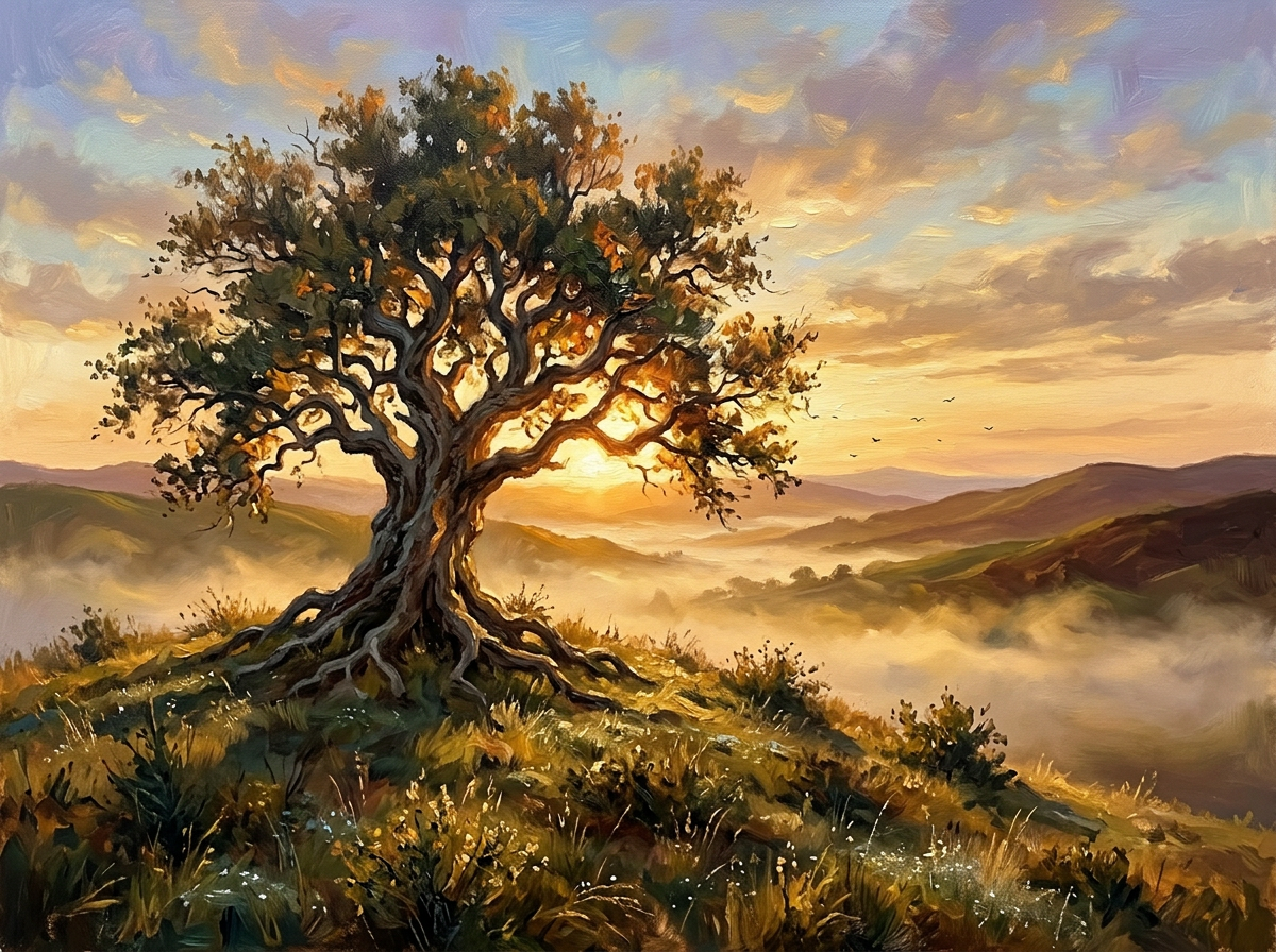 A lone old tree on a grassy hill at dawn, golden mist in the valley below