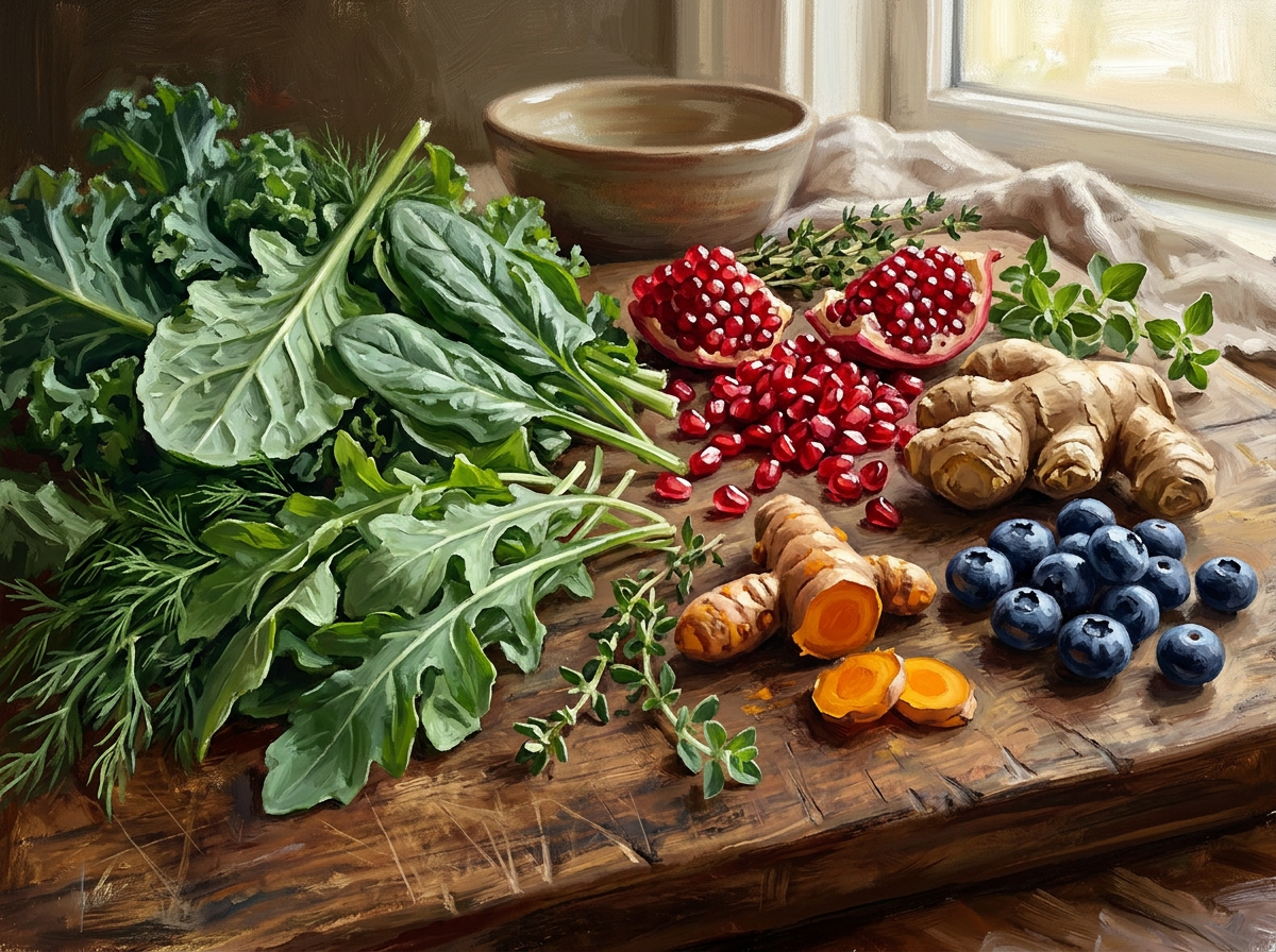 Whole foods on a wooden cutting board — kale, pomegranate, ginger, turmeric, blueberries