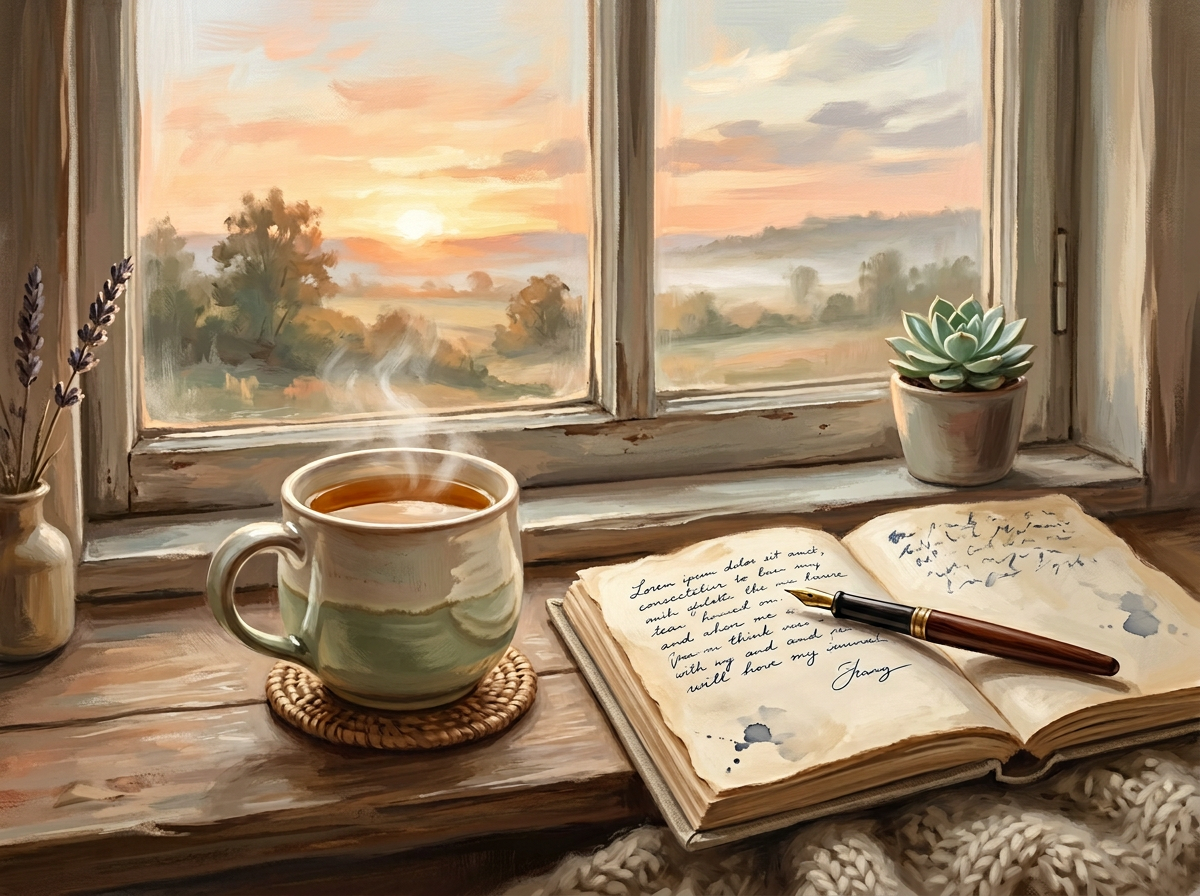 Herbal tea and an open journal at a sunrise window — a moment of clarity